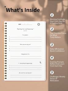 1pc Pink Spiral Gratitude Journal,Simple A5 Undated Dailly Gratitude Planner Notebook With Guided Prompts,Reflection Lines&Inspirational Quotes,Self-Care,Start Any Time,Work And Home,Back To School Supplies - Multicolor - View 5