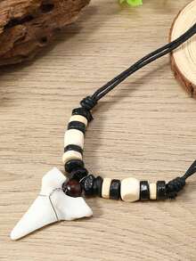 1pc Men's Summer Boho Wooden Bead Shark Tooth Pendant Necklace, Suitable For Daily Wear, Parties, Gatherings, Beach Vacation - Shark Tooth Necklace - View 5