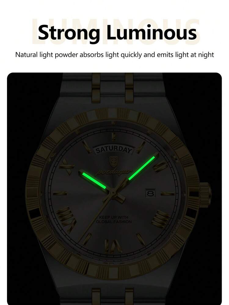 POEDAGAR 1pc Business Classic Men's Week Date Stainless Steel Quartz Watch For Man, Casual Waterproof Luminous Men Wristwatch, Fashion Luxury Male Watches Suitable For Office Occasion, Holiday Gifts For Men - Multicolor - View 8