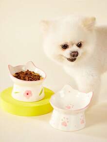 PETSIN 1 件陶瓷寵物碗可愛多功能貓碗防傾翻餵水貓碗斜口易於清潔貓碗寵物餐具