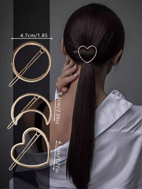 Set de 3 pasadores de metal con forma de corazón, estilo coreano, con diseño geométrico y redondo, pinzas para el cabello, pinzas para el cabello, pasadores para el cabello, deslizadores para el cabello, barrettes para el cabello
