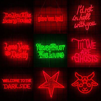 Gothic Neon Sign, Do You Like Scary Movies/Give"2Em /I'D Rot In With You /Love You To Death/Never Trust The Living/Til We Are Ghosts/Welcome To The Dark Side Neon Lights, Halloween Gothic Red LED Neon Sign, Lamb Demons Neon Light For Wall Decor