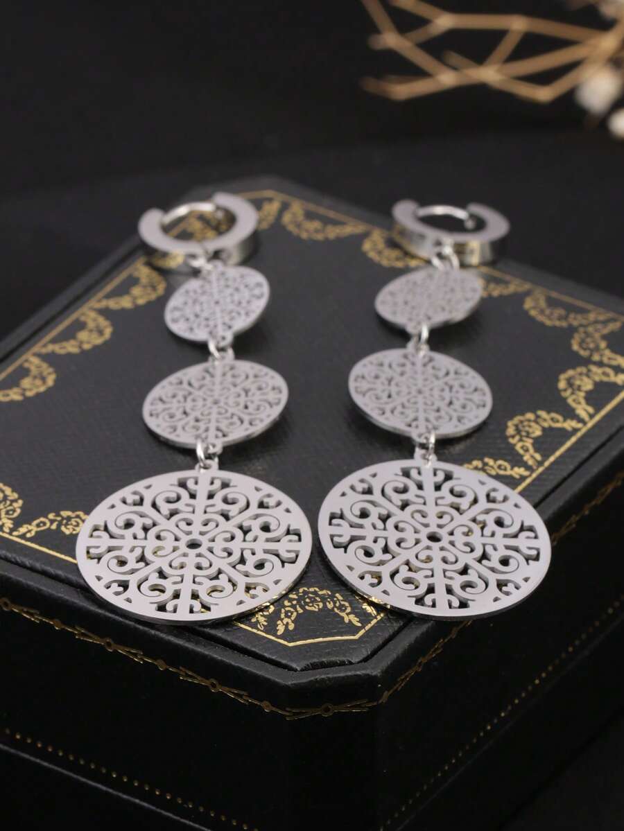 1 对不锈钢欧式镂空花卉耳环，18K 金花丝叶形吊坠耳钉，适合作为妻子或女友的礼物，适合女性日常佩戴 - 銀色 - 查看 1
