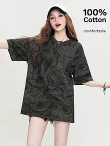 女士简约印花宽松短袖T恤，时尚