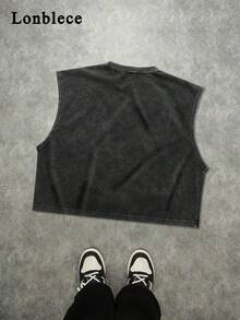 Lonblece 1pc Men's Diamond Print Element Summer Tank Top, Fashionable Brand - Black - View 2