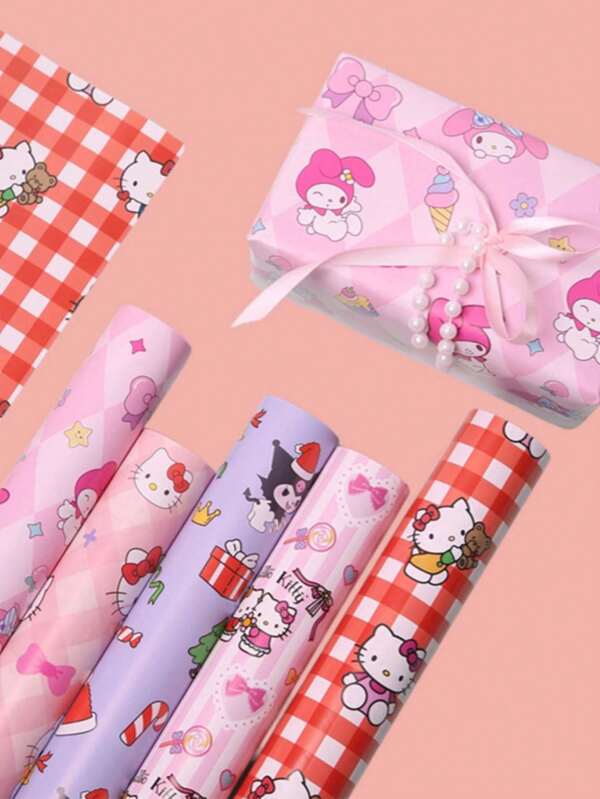 Sanrio 5Pcs Hello Kitty Gift Wrap Kuromi Cinnamoroll Cartoon Patterned Wrapping Sheets For DIY Crafts Gifts And Floral Bouquets Mother's Day Graduation(Some Parts May Be Random)