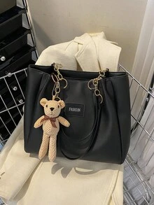 女士时尚休闲户外字母贴片PU链条手提包带吊坠 - 黑色 - 查看 2