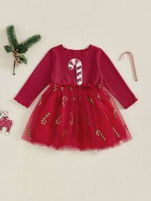Toddler Girl Christmas A Line Dress Sequin Santa Claus Round Neck Long Sleeves Tulle Patchwork Dress - Multicolor - View 2