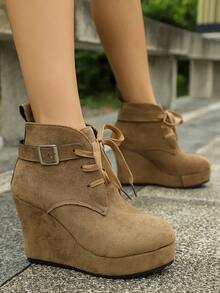 Damen Herbst/Winter Neue Veloursleder Ankle Boots, Keilabsatz Dicke Sohle Schnürung Lässig Komfortable Urlaubs Party Einfarbige Chelsea Stiefel - Braun - Übersicht 2