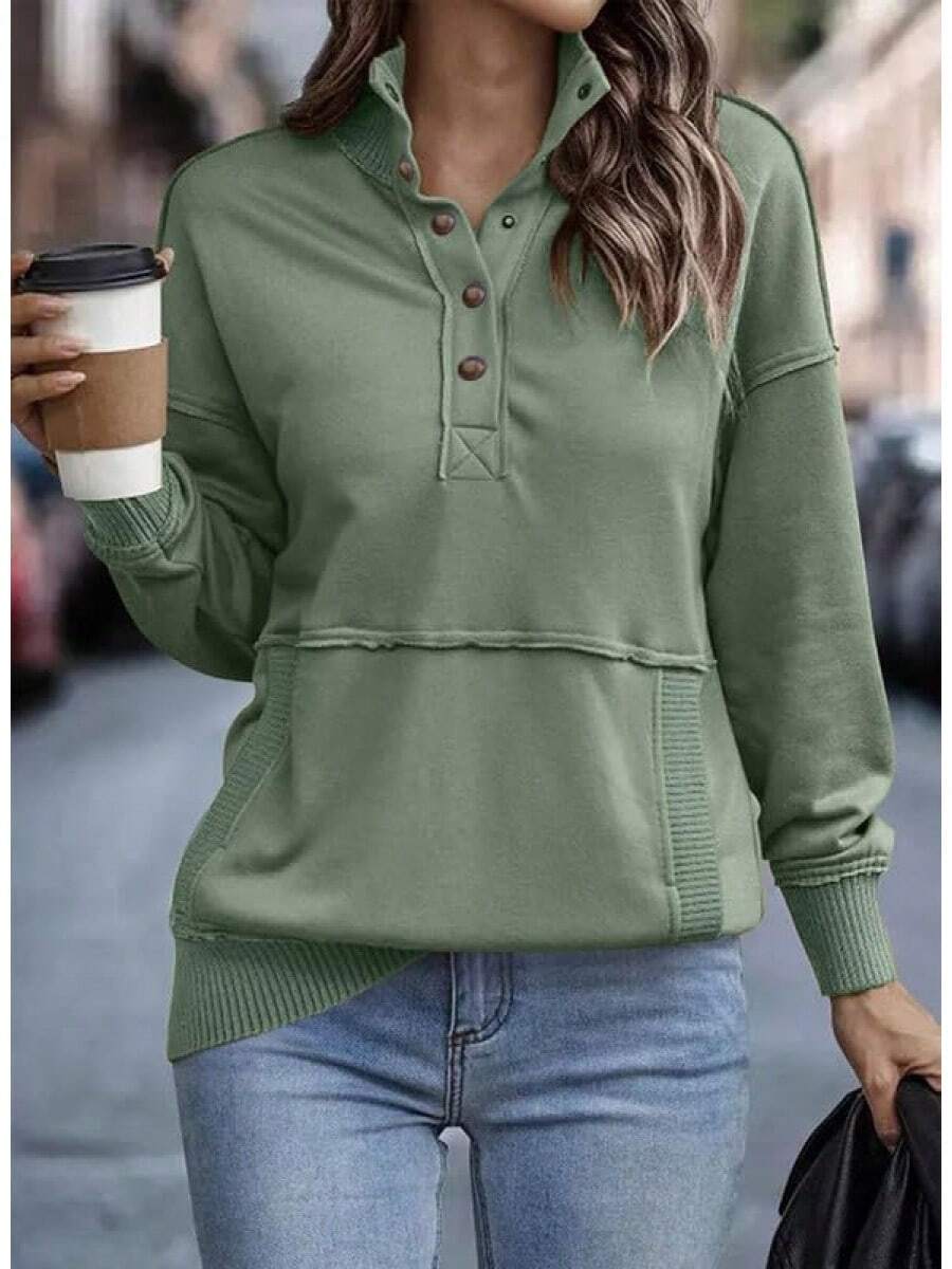 Womens Sweatshirt Casual Long Sleeve Lightweight Sweatshirts Button Loose Pullover Tops - B Xanh - Xem 1