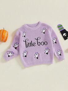 Suéter de manga larga para bebé, de Halloween, informal, con letras y bordado de fantasmas, jersey de punto para niño pequeño, ropa cálida - Morado - Ver 2