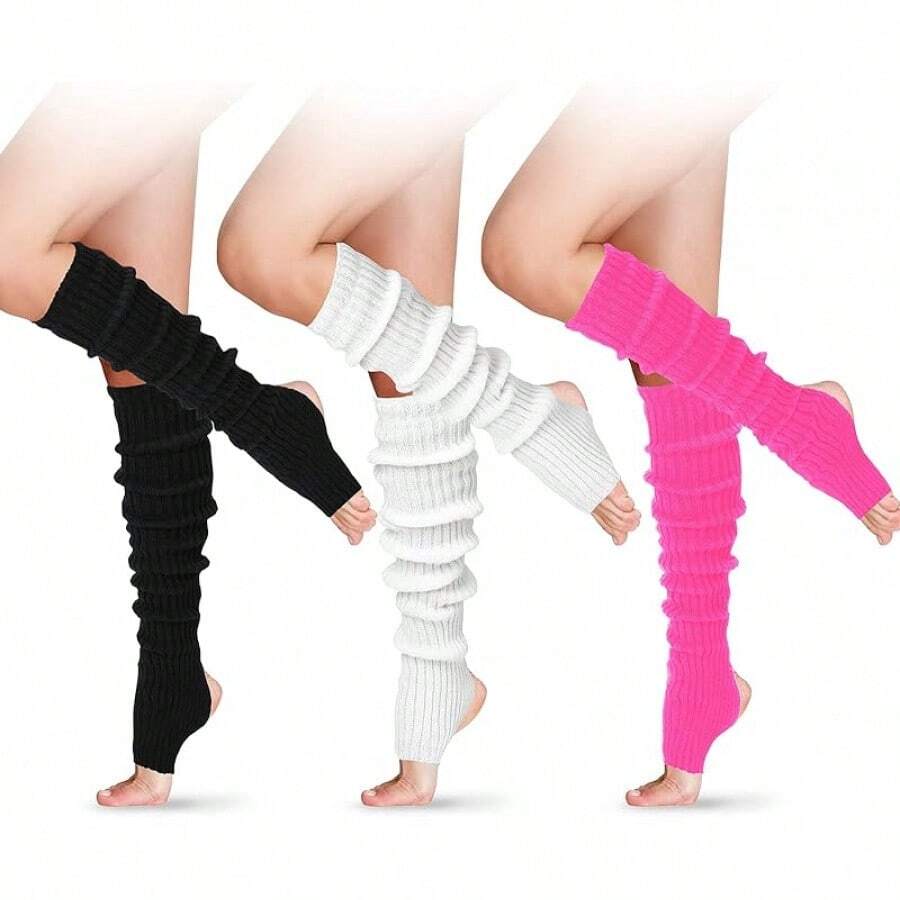 Long Leg Warmers Women 24 Inch Over Knee Knit Ribbed Leg Warmer Stirrup Yoga 80s Party Dance Ballet Supply - 玫紅色 - 查看 1