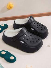 Pantuflas sencillas de moda de invierno para niños y niñas, para uso en el hogar y al aire libre en el tiempo libre, de unicolor, cómodas y planas, versátiles - Negro - Ver 3