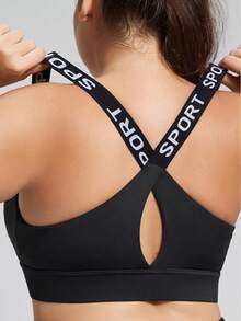 1pc Women Sports Bra, Letter Print Straps, Criss-Cross Back Design, High-Impact Full Coverage Sports Bra, Ultimate Running Bra Fall Black - Black - View 9