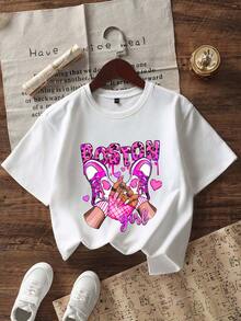 少女热带印花圆领短袖 T 恤上衣，夏季