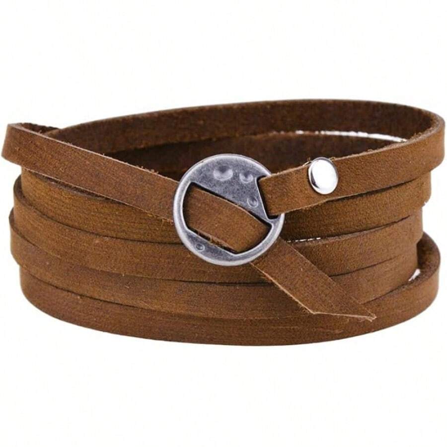 Rantanto Genuine Leather Wrap Bracelets Western Stackable Cuff Adjustable Boho Layered Bracelet Jewelry Men Women - màu nâu - Xem 1