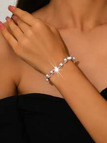 1pc Elegant Wave Pearl & Rhinestone Bracelet, Suitable For Women Wedding, Party & Daily Wear - Silver - View 13