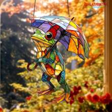 Whimsical Frog & Colorful Umbrella Sun Catcher - Stained Glass Window Hanging Decor | Vibrant Garden & Home Ornament For Indoor/Outdoor | Unique Unisex Gift For Birthday, Housewarming, Holidays (Frog Garden Art)