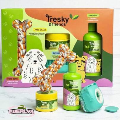 EverlyX Conjunto de cuidados para animais de estimação Tresky & Friends com xampu suave, bálsamo para patas, escova de banho e brinquedo de corda - Perfeito para higiene, hidratação e entretenimento - Ideal como presente para cães de todos os tamanhos ✅ Entrega 24/72h