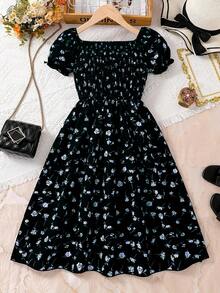 女孩碎花优雅休闲连衣裙，适合日常穿着、返校、校服 - 彩色 - 查看 3