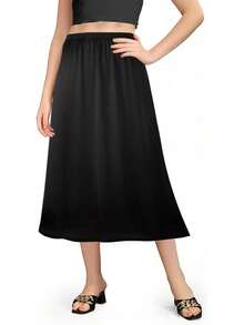 2-Pack Satin Half Slips For Under Dresses, Women's Anti-Static Slip Skirt Extender & Petticoat Underskirt For Daily Wear - 16'' 黑色+香檳色 - 查看 7