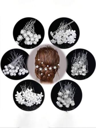 Pearl U-Shaped Hair Clip,Beaded Flower Hair Fork, Crystal Bride Hairstyle Hair Accessory, Women