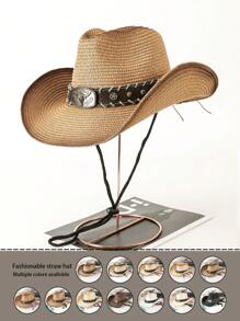 1pc Casual Bull Star Pattern Boho Rivet Bow Straw Sun Hat, Fashionable Versatile Beach Holiday Shade Hat For All Seasons