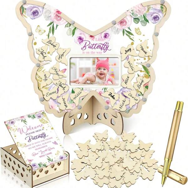 1 set compact neutre pour le genre Décoration de mariage en bois avec papillon. Comprend un livre d'or et un cadre pour échographie. Cadeau de souvenir élégant pour la mariée, à offrir lors des réceptions de mariage ou comme cadeau de rentrée scolaire
