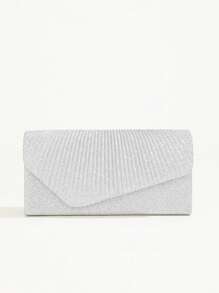 Silver Glitter Clutch Bag, Shiny Pleated Shoulder Chain Evening Bag For Women, Party & Date Small Purse