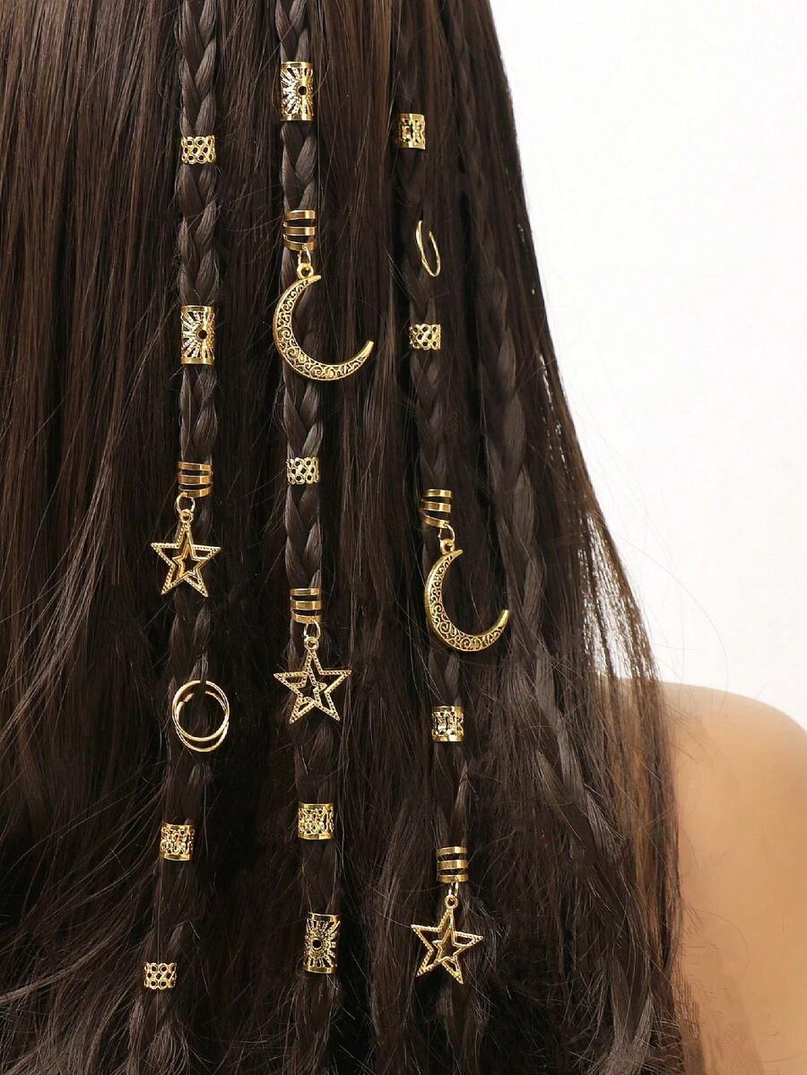 45件装女士脏辫星月组合发圈月亮星星辫子发夹时尚个性化发饰辫子装饰金属吊坠Y2K派对朋克礼物适合女孩和女士非常适合舞会和派对音乐节女士发饰配饰小精灵派对发夹节日派对装扮发饰金色配饰金属光泽，礼物，旅行，女士礼物，美发用品，圣诞袜填充物