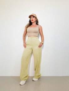 LIN SERVIÇOS, REF: H932 - Women's Striped High-Waisted, Wide-Leg Trousers, Ideal For Casual And Formal Looks. Lightweight, Stylish And Elegant, They Offer Comfort And Sophistication For A Variety Of Occasions. - 奶油色 - 查看 4