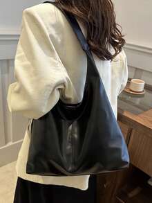 2026 New Fashion Solid Color Commuter Tote Bag, Minimalist Niche Design Underarm Bag, Stylish Large Capacity Shoulder Bag , Office - Black - View 4