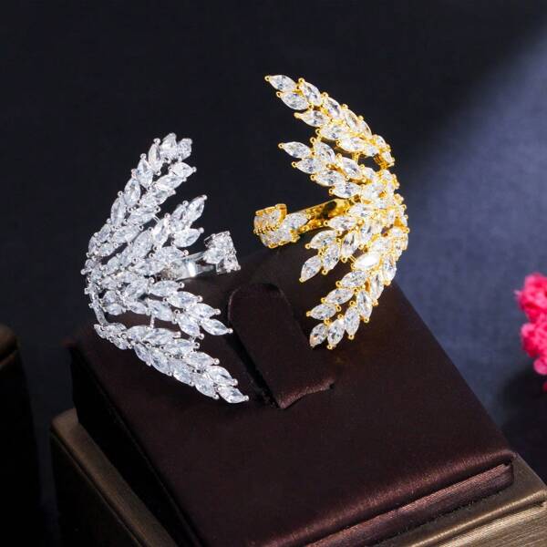 18K Gold Plated Elegant Leaves Rings For Women Shiny Cubic Zirconia Copper Accessories Copper Band Golden-Tone Jewelry, Perfect For Daily Wear Or Gifting, Gift Jewelry