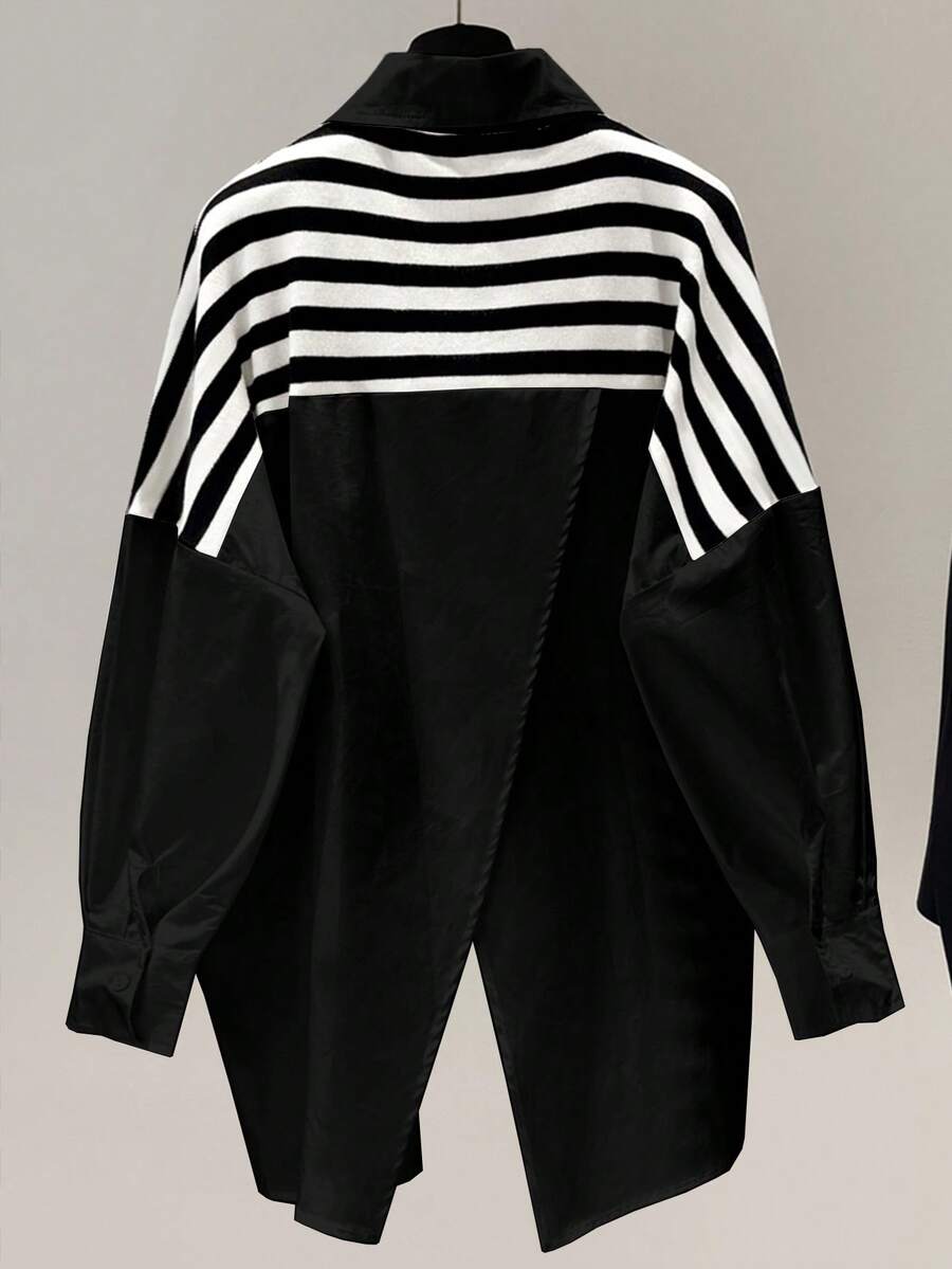 Women's Casual Asymmetric Striped Color Block Drop Shoulder Long Sleeve Button Down Collar Pocket Loose Blouse With Back Slit, Autumn