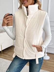 Women's Stand-Up Collar Vest, Sleeveless Button-Down Cotton Jacket, Quilted, With Pockets, Casual And Versatile, Suitable For Ladies' Autumn And Winter Wear