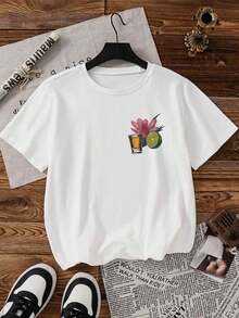 龙舌兰鸡尾酒玛格丽塔杯和柠檬花叶字母图案圆领休闲女士T恤，春夏宽松女士运动衫