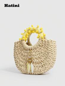 HATINI 小众设计休闲度假草编包，海滨手提包，波西米亚风流苏和羽毛装饰，黄色毛球和花卉装饰手提包，半圆形水桶包，适合女性办公室、通勤、约会、购物、休闲、度假、海滩、音乐节、派对、婚礼、学校