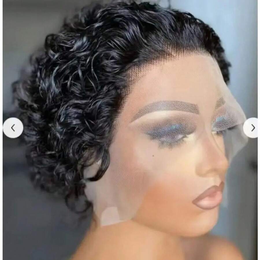 bling hair Short Curly Lace Front Wigs In Pixie Cut, 15 Cm, 13 X 1 Parted Lace Front Wigs Made Of Real Hair For Women, 6 Inches, Natural Black 99j 1b/27 1b/30 - Natural Black - 查看 1