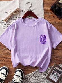 1pc Girls' English Print Short Sleeve T-Shirt, Student/Young Fashion Comfortable Summer Top For Tween Girls - Purple - View 4