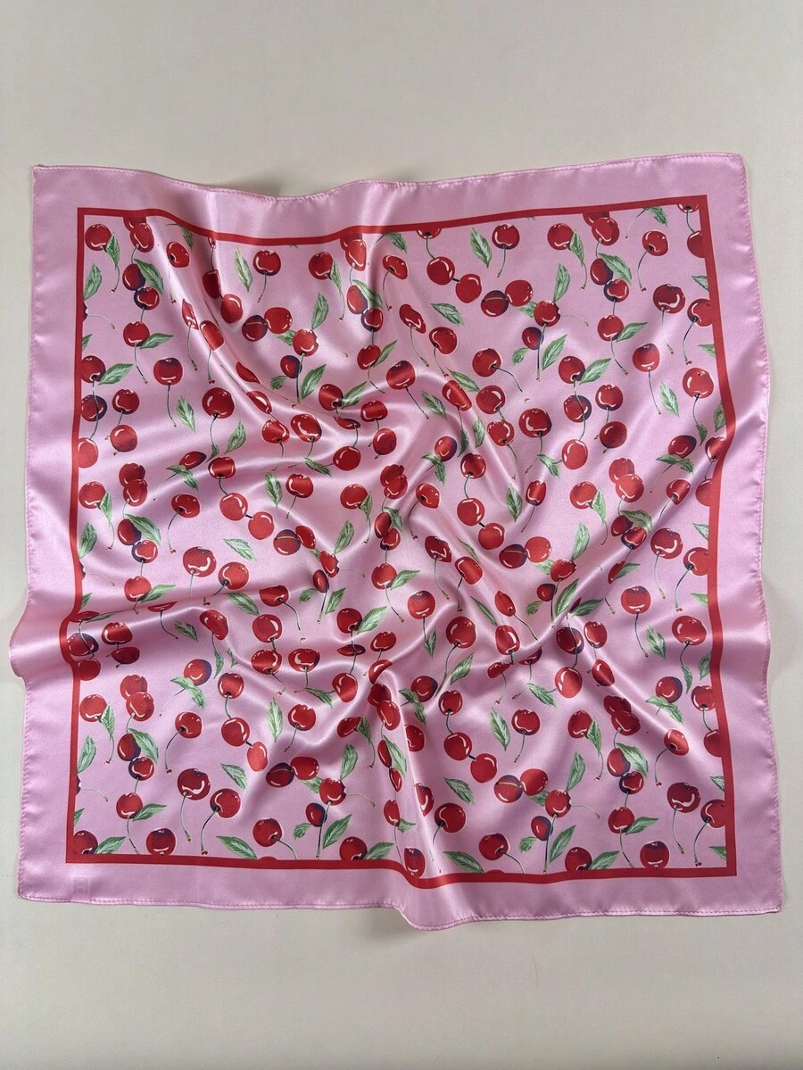 1条女士樱桃印花优雅丝巾，缎面领巾头巾，连衣裙配饰 - 粉色 - 查看 1