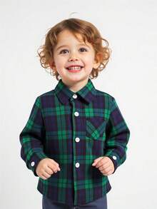 男婴时尚户外运动休闲格子长袖衬衫，可爱蓝绿色，春/秋