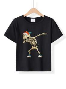 Young Boy Casual Skull Graphic Print Short Sleeve T-Shirt, Halloween Party