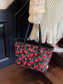 New Cute Cherry Pattern PU Tote Bag, Waterproof Design, Fashionable Large Capacity Shoulder Bag, Suitable For Women's Daily Use, School, Commuting - Black - View 7