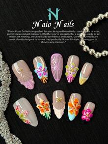 NAIO 10 件/套优雅中号杏仁形 100% 手工制作假指甲粉色珍珠白色 Hailey 同款可拆卸按压指甲，美甲套装指甲用品，带有 3D 浮雕花朵和珍珠装饰，适合日常使用、婚礼、节日派对、聚会