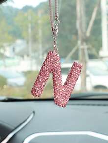 1pc Car Accessories Interior Decor, Full Diamond Pink Letter Car Rearview Mirror Decoration Hanging Ornament - Pink - View 11