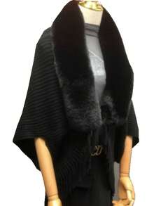 1 件女式宽松蝙蝠袖斗篷开衫毛衣，针织披肩领外套，适合室内和室外，时尚套头衫适合日常穿着，秋冬 - 黑色 - 查看 10