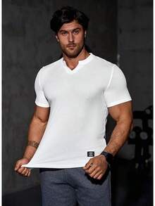 Mens Muscle Slim T Shirt V-Neck Longline Henley Shirt Gym Workout Athletic Tee Shirts