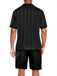 Men Satin Silk Set With Pockets Sleepwear Shorts Satin Summer Loungewear 2 Piece Button Down Set S-3XL - 條紋黑色 - 查看 3