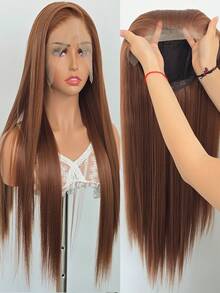 优雅的 13x4 24 英寸棕色直发蕾丝前假发,适合女性 - 耐热合成头发,预拔自然发际线和婴儿头发,非常适合日常佩戴、婚礼、万圣节和圣诞节 - 鏽棕色 - 查看 8