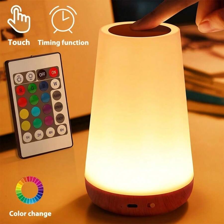 LED Wood Grain Touch Table Lamp, 13 RGB Night Light, USB Rechargeable, Bedroom Bedside Lamp, 5 Brightness Level Dimmable Led Lighting, With Remote Control And Timing, Creative Home Office Decor Unique House Gifts